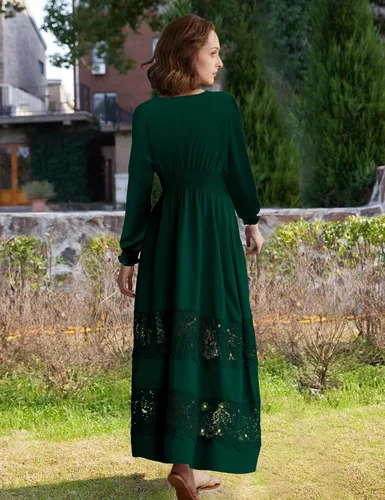 Miniatura 76 de Vestido largo de encaje para mujer de manga corta y cuello en V, vestido de fiesta estilo bohemio con cintura fruncida, vestido bohemio para mujer