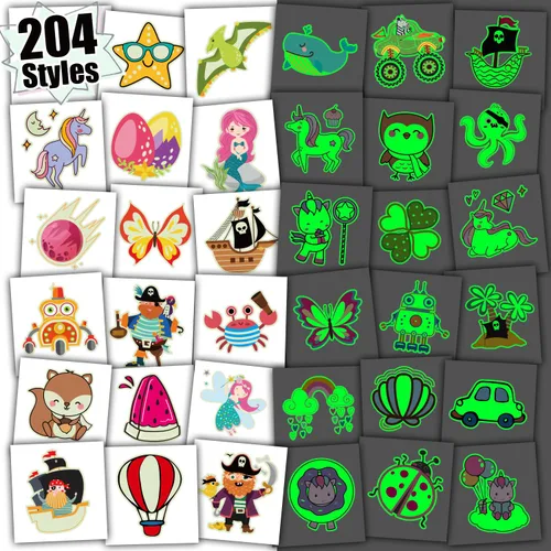 Partywind 204 estilos de tatuajes temporales luminosos para niños, suministros de fiesta brillantes, regalos para bolsas de regalos, divertidas