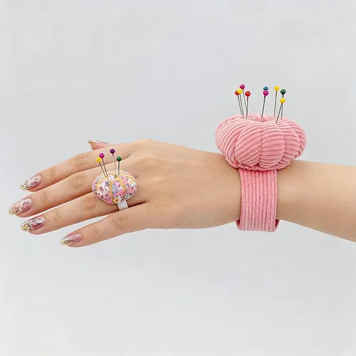 Miniatura 3 de Alfiletero elástico en forma de calabaza con anillo para la muñeca, almohadón para agujas de costura y manualidades DIY con 1 banda elástica
