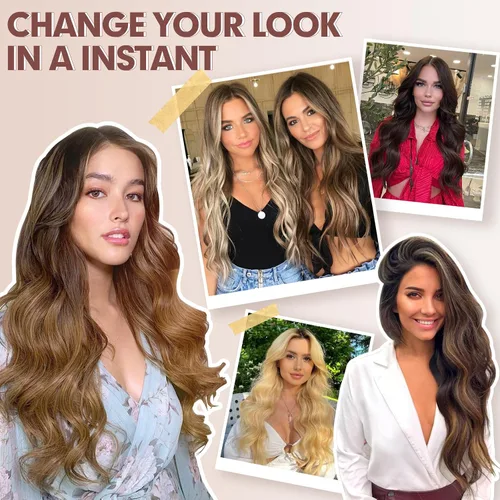 Miniatura 7 de FESHFEN Extensiones de cabello con clip - 4 piezas Extensiones de cabello sintético ondulado largo y grueso con clip para cabeza completa