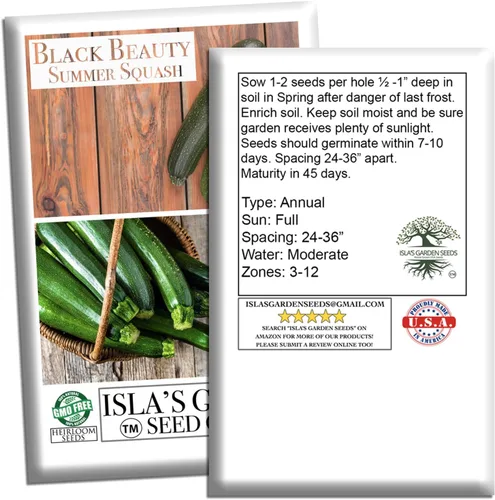 Miniatura 7 de Isla's Garden Seeds - Semillas de calabaza verde de verano Black Beauty para plantar - Más de 25 semillas tradicionales por paquete, sin OMG, nombre