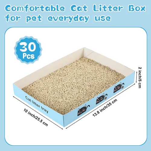 Miniatura 2 de Paquete de 30 cajas de arena desechables para gatos, bandeja de papel plegable para gatitos de 13.8 x 10 x 2 pulgadas, caja de cartón pequeña y Azul