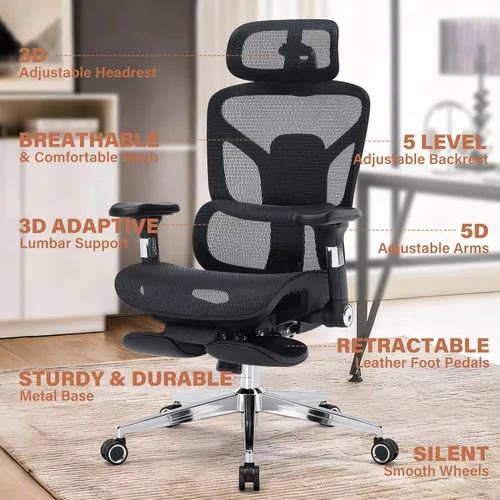 Miniatura 3 de Silla de oficina ergonómica con reposapiés, silla de escritorio de malla resistente de 400 libras, reposabrazos 5D, lumbar 3D, respaldo de 5