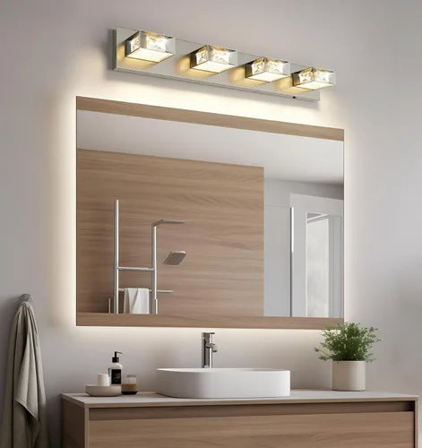 Miniatura 7 de Joossnwell Luces de baño de níquel cepillado sobre espejo (4 luces, 28 pulgadas), lámpara de tocador de cristal 5CCT regulable moderna LED