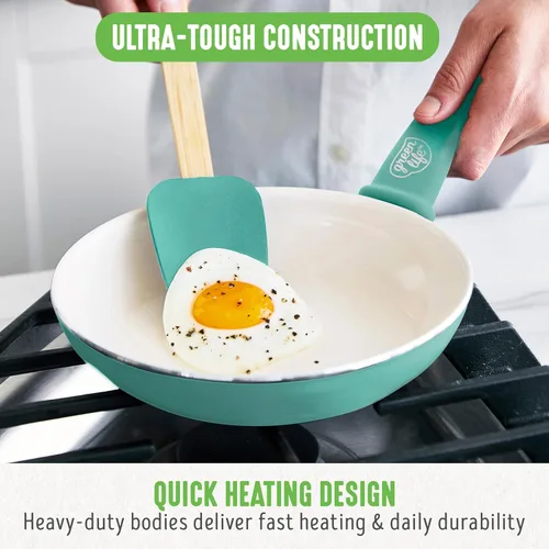 Miniatura 10 de GreenLife Soft Grip - Juego de utensilios de cocina de cerámica antiadherente sin PFAS de 8 pulgadas, espátula de silicona con mango de bambú