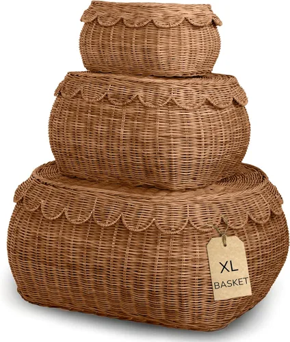 BEBE BASK Juego de 3 cestas festoneadas grandes, tejidas a mano y galardonadas, tamaño XL, para mantas de 22 x 16 x 10 pulgadas, elegante mimbre con