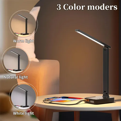 Miniatura 3 de COZOO Lámpara de escritorio LED con 3 puertos de carga USB, 2 tomas de corriente CA, 3 modos de color y 3 niveles de brillo, función