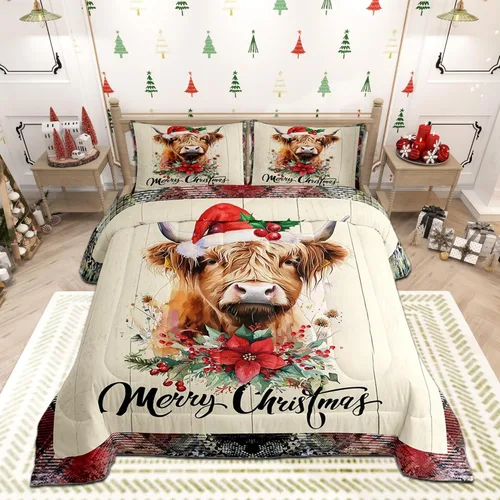 Miniatura 10 de Juego de edredón de Feliz Navidad, tamaño individual, juego de ropa de cama de flores rojas de Navidad, bayas y hojas, para niños y hombres, juego