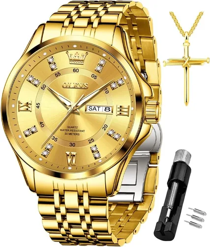 Miniatura 38 de OLEVS - Relojes de diamantes para hombres, relojes de vestir a prueba de agua, relojes analógicos de cuarzo de lujo con calendario de fecha y correa