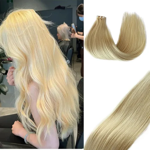 Extensiones adhesivas rubias de cabello humano brasileño grado 9A, #60 rubio platino, cinta en 12 pulgadas, 20 unidades por juego, extensiones de