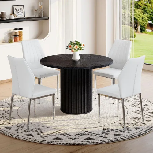 Miniatura 33 de Mesa de comedor redonda para 4-6, mesa de comedor negra con tablero de madera de 42'' y base de pedestal cilíndrico, mesa de cena redonda