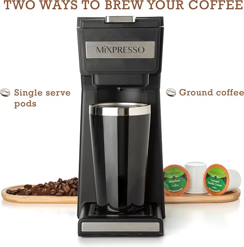 Miniatura 2 de Cafetera Mixpresso de una sola taza para café molido y compatible con cápsulas K Cup, con taza de viaje de 14 onzas y filtro reutilizable