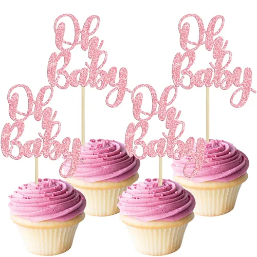 Miniatura 16 de Gyufise 36 piezas de decoraciones para cupcakes Oh Baby, arcoíris rosa y azul con purpurina, para baby shower, revelación de género, cupcakes para B