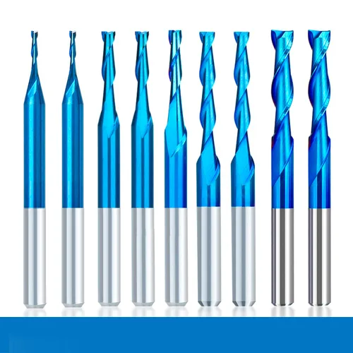 Juego de molinos de extremo plano, 2 flautas CNC Router Bit Nano Blue Coating, Fresa de carburo, Cortadores de madera, Herramientas de fresado CNC,
