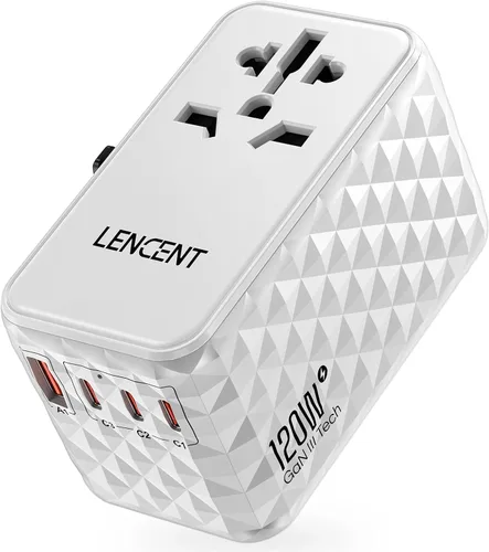 Miniatura 10 de LENCENT Adaptador de viaje universal de 120 W, adaptador de viaje internacional GaN con 3 puertos USB-C 1 USB-A, cargador rápido mundial para Negro