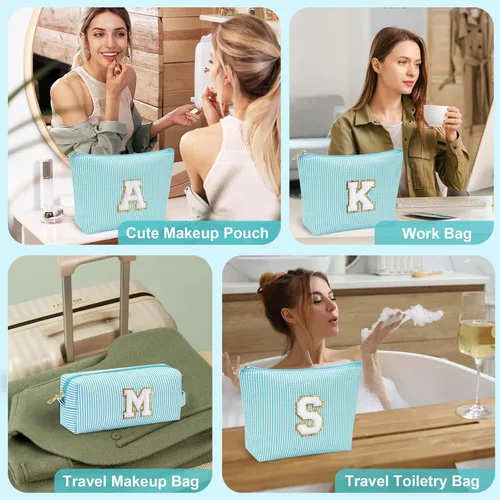 Miniatura 6 de YOOLIFE Regalos del Día de la Madre para mujeres, bolsa de maquillaje con inicial, bolsa de maquillaje para viajes, bolsa de maquillaje Azul/claro