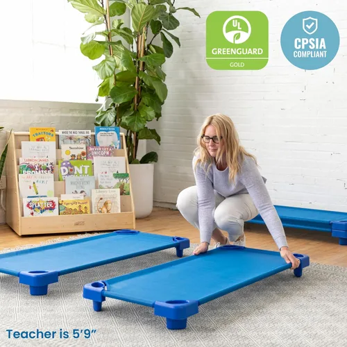 Miniatura 7 de ECR4Kids Cuna apilable para niños, lista para armar, tamaño estándar, mobiliario para aulas, azul, paquete de 6