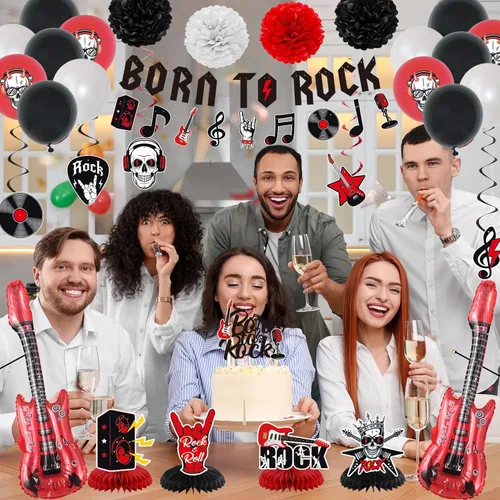 Miniatura 4 de Crenics Decoraciones de Fiesta de Cumpleaños Rock and Roll - Telón de Fondo de Feliz Cumpleaños, Pancarta Born to Rock, Remolinos, Panal de Abeja