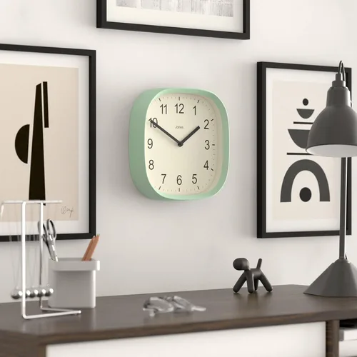 Miniatura 5 de JONES CLOCKS® Reloj de pared Sprite Reloj cuadrado redondo retro moderno 10 pulgadas Verde menta Neo Números fáciles de leer Perfecto