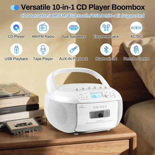 Miniatura 3 de Combo de reproductor de CD y cassette, reproductor de CD portátil Boombox con radio AM/FM Bluetooth/AUX/USB Drive Grabación de cinta para Blanco