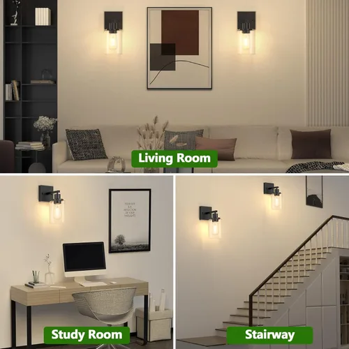 Miniatura 6 de Licperron Juego de dos apliques de pared negros para tocador, modernos apliques de iluminación de pared con pantalla de vidrio transparente