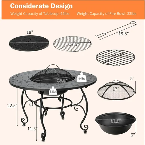 Miniatura 6 de Tangkula Mesa para fogata al aire libre, 4 en 1 de 36 pulgadas redonda para barbacoa de jardín con tapa, hoguera de leña para patio exterior