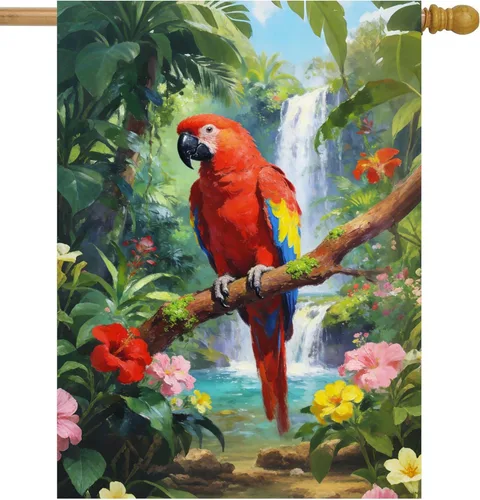 Miniatura 7 de Bandera de jardín con diseño de pájaros, loro y guacamayo, flores en verano, primavera, bosque tropical, jardín, patio, 12 x 18 pulgadas, banderas