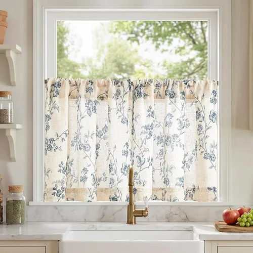 Lazzzy Elisa - Cortinas florales de cocina de 24 pulgadas, cortinas de lino para cafetería, cortinas de media ventana sobre el fregadero, filtro de
