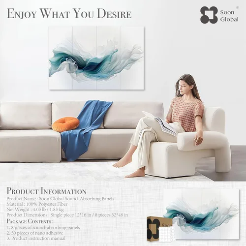 Miniatura 4 de Soon Global Paquete de 8 paneles acústicos de pared, paneles absorbentes de sonido de 48 x 32 pulgadas, paneles de pared acústicos decorativos