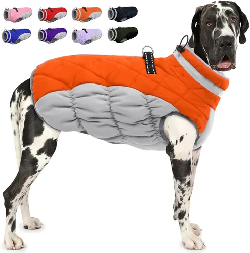 Miniatura 43 de AOFITEE Abrigo para perro, chaquetas cálidas para perros grandes, abrigo reflectante de cuello alto para perros con arnés integrado, impermeable