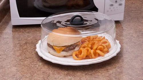 Miniatura 7 de Cubierta alta para placa de vidrio de borosilicato templado para microondas con mango de silicona negra de fácil agarre, sin ventilación