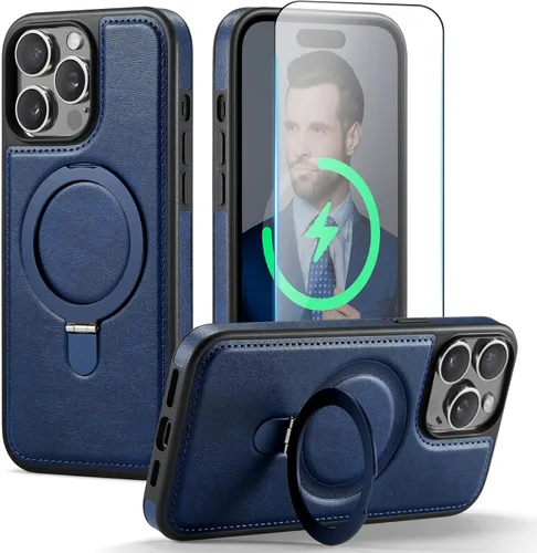 Miniatura 18 de Funda para iPhone 13 con soporte compatible con Magsafe, color negro Magnetic Kickstand, with Tempered Glass Screen Protector, Durable PU Leather