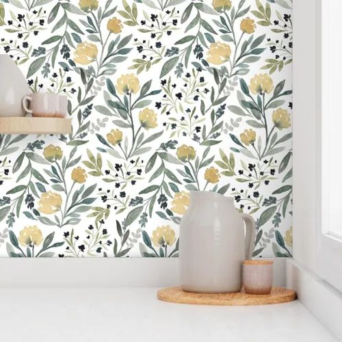 Miniatura 8 de Spoonflower Papel tapiz para despegar y pegar, diseño floral amarillo, flores botánicas, jardín, moderno, cuarto de bebé, boda, papel tapiz