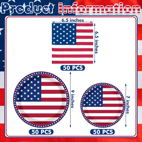 Miniatura 2 de QZYL 150 piezas de suministros para fiesta del 4 de julio, sirve 50 platos de papel y servilletas de papel con la bandera americana, decoraciones