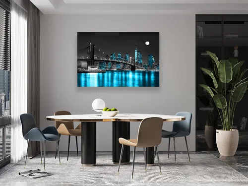 Miniatura 5 de Aibonnly Arte de Pared Pintura en Lienzo Negro, Blanco y Azul Puente de Brooklyn de Nueva York 1 Pieza Paisaje Urbano Nocturno Edificio Imagen