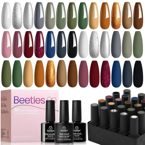 Miniatura 9 de beetles Gel Polish Juego de esmaltes de uñas de gel de 16 colores, blanco, marrón oscuro, rosa, colores nude, esmalte de uñas natural con 3 piezas