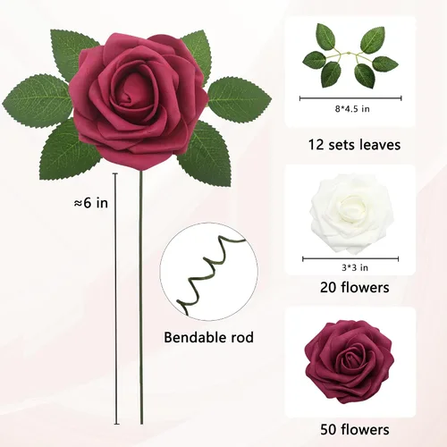 Miniatura 2 de Flores Artificiales Rosas Realistas, 50 piezas de rosas falsas con tallo de aspecto real para ramos de boda DIY, centros de mesa, despedida