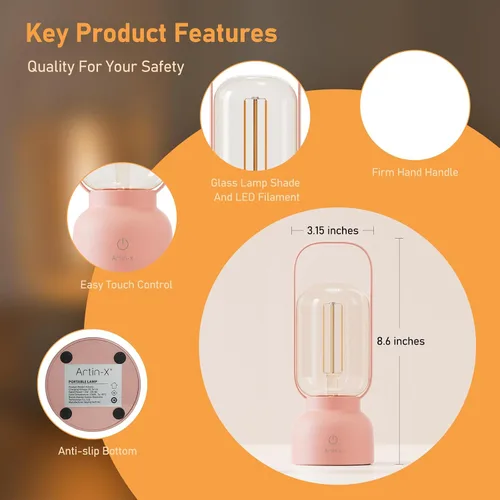 Miniatura 2 de Lámpara LED portátil retro, pequeña lámpara de mesa inalámbrica con interruptor táctil, luz nocturna regulable continua con puerto de carga USB