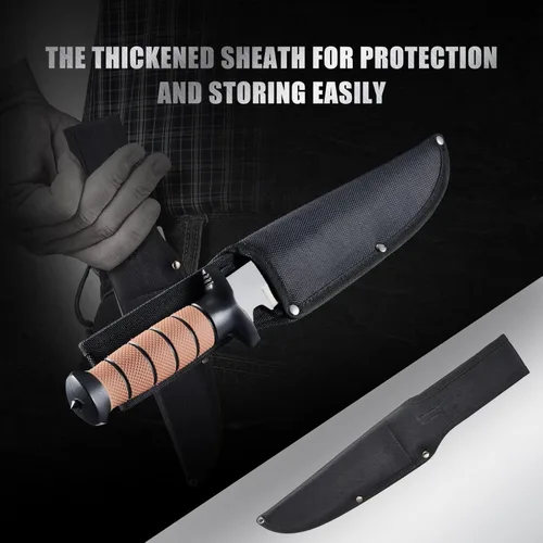 Miniatura 5 de Leopcito Cuchillo táctico de combate de hoja fija de 13.6 pulgadas con funda, acero inoxidable de supervivencia para caza bushcraft con mango Marrón