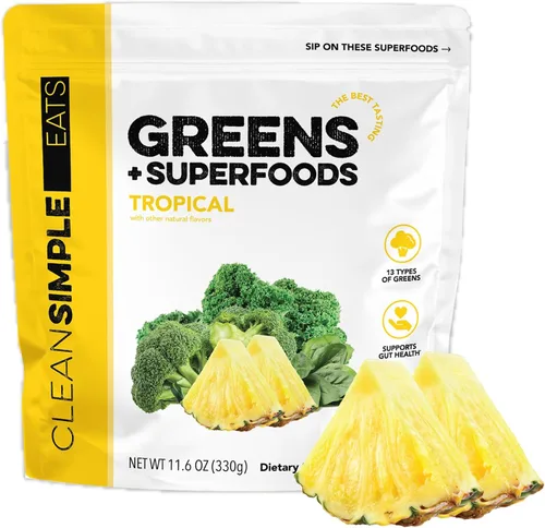 Clean Simple Eats Super Greens Powder - Polvo de verduras con sabor natural con clorella, espirulina, superalimentos y fibra prebiótica, sin