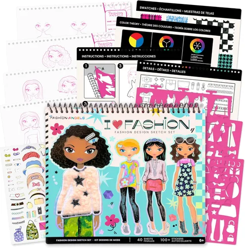 Miniatura 15 de Fashion Angels Cuaderno de bocetos de diseño de moda - Libro de bocetos para principiantes, bloc de bocetos con plantillas y calcomanías para niños