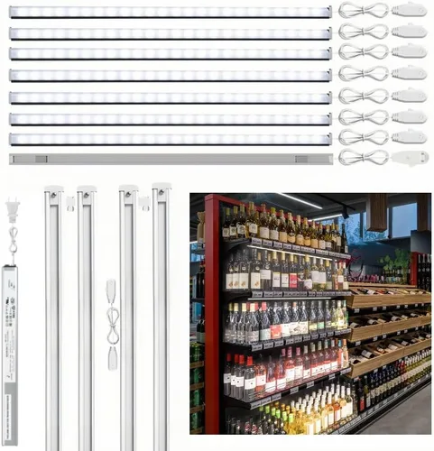 Kit de luces de estantería de góndola de 48 pulgadas con 8 barras de luz LED de color blanco puro de 6000 K, fuente de alimentación y accesorios