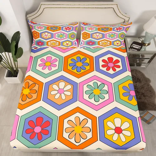 Miniatura 16 de Juego de sábanas ajustadas estilo 70s hippie retro para cama individual, juego vintage de otoño con hojas florales para niños y niños, juego de ropa
