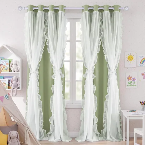 Miniatura 12 de PONY DANCE Cortinas con Volantes de Doble Capa con Superposición Transparente, Decoración Elegante para Ventanas de Diseño Rústico Francés de Campo