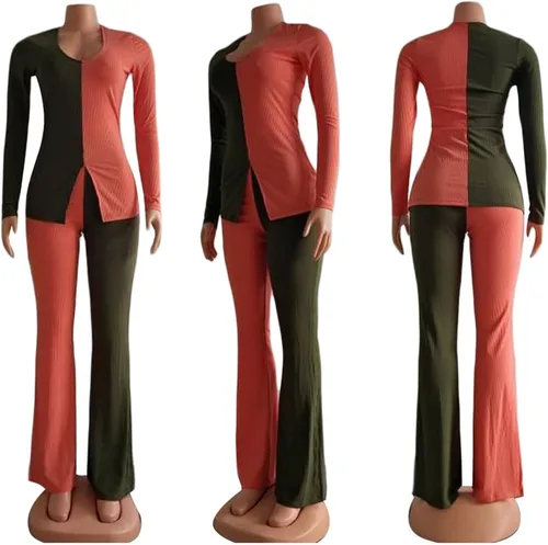 Miniatura 2 de kaimimei Conjunto deportivo sexy de 2 piezas con bloques de color para mujer, con dobladillo acanalado, abertura y pantalones acampanados, ropa