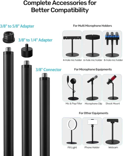 Miniatura 5 de Soporte de micrófono de escritorio, base pesada y amplia compatibilidad, soporte de micrófono de mesa de 3/8 pulgadas con adaptadores de tornillo