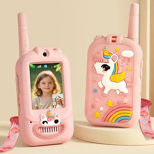 Miniatura 16 de Walkie Talkie para niños con video: paquete de 2 juguetes recargables para niños pequeños con cámara HD y cambiador de voz, juguetes de regalo