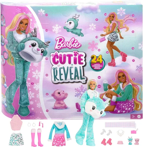 Barbie Cutie Reveal - Calendario de Adviento y muñeca, cabello azul y rosa, 25 sorpresas incluyen ropa, accesorios y mascotas que cambian de color,