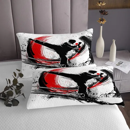 Miniatura 4 de Kungfu - Juego de edredón ligero para niños y adolescentes, colcha de teñido anudado de tinta, funda de cama negra y roja, juego de ropa de cama