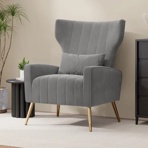 Miniatura 17 de Nebuaegis Silla decorativa de terciopelo con respaldo alado para sala de estar, sillón de respaldo alto con patas doradas, almohada lumbar, sofá